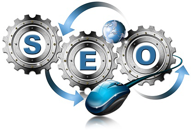 Search engine optimization is offered by INM in Edmonton Silver metallic gears with a computer mouse saying the acronym SEO