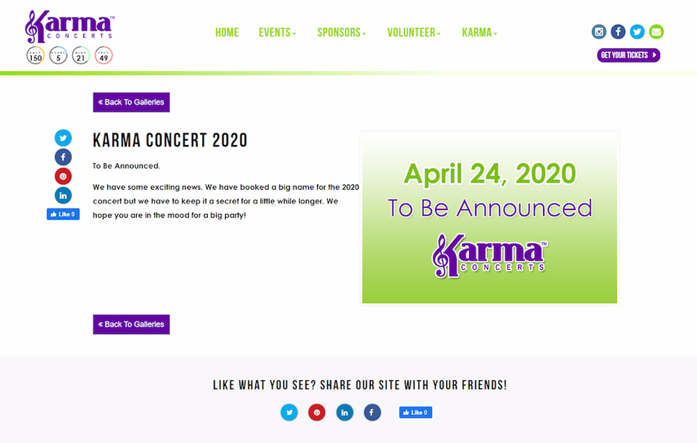 Karma Concerts Upcoming Events webpage designed by Industrial NetMedia/Creative101