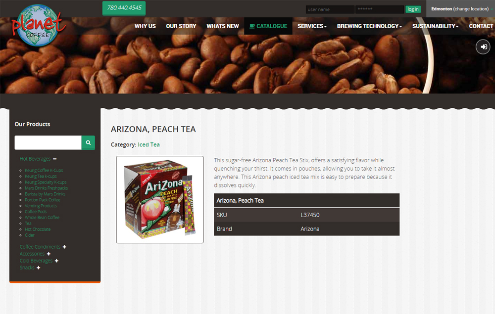 Planet Coffee's catalogue open page - website designed by Industrial NetMedia/Creative101
