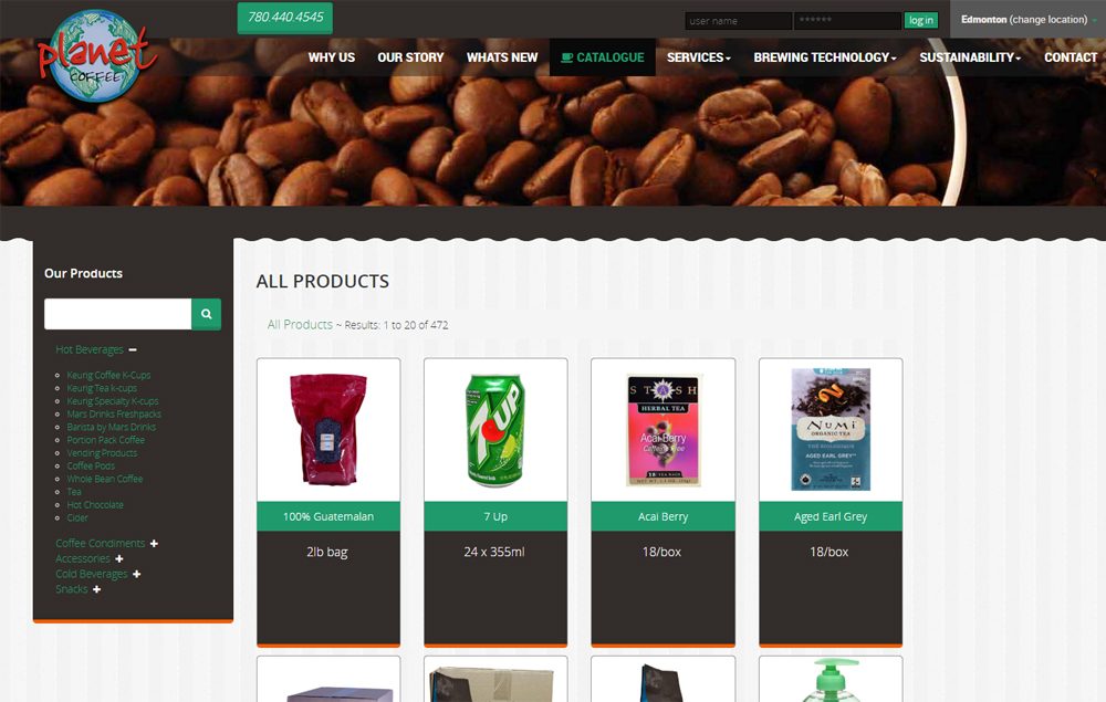 Planet Coffee's catalogue page - website designed by Industrial NetMedia/Creative101