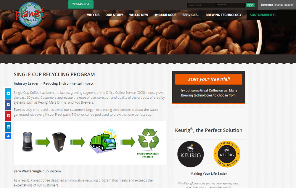 Planet Coffee's recycling page - website designed by Industrial NetMedia/Creative101