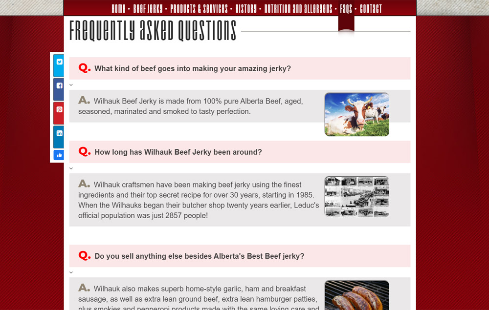 Wilhauk Beef Jerky FAQ page - website designed by Industrial NetMedia/Creative101